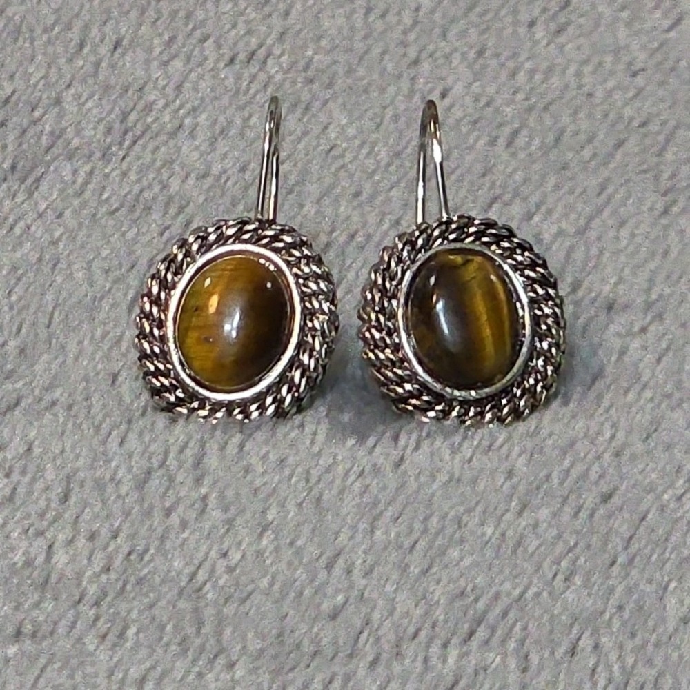 Vintageā Signed Avon Tigers Eye Gemstone Silver Tone Oval Dangle Drop Earrings